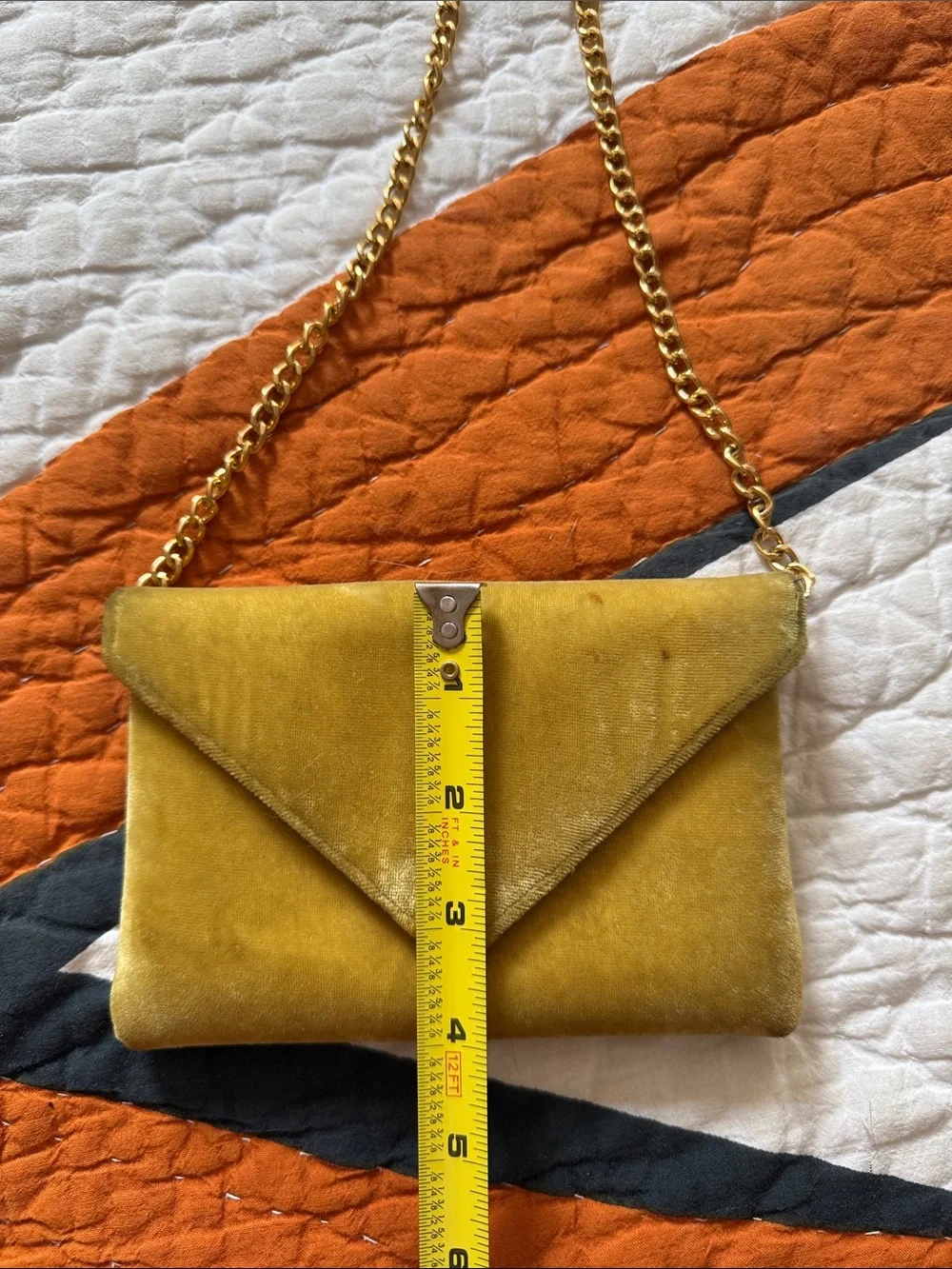 Vintage Mustard Velvet Envelope Crossbody Bag with Gold Chain